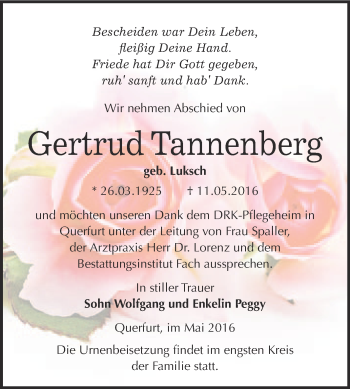 Traueranzeige von Gertrud Tannenberg von WVG - Wochenspiegel Merseburg