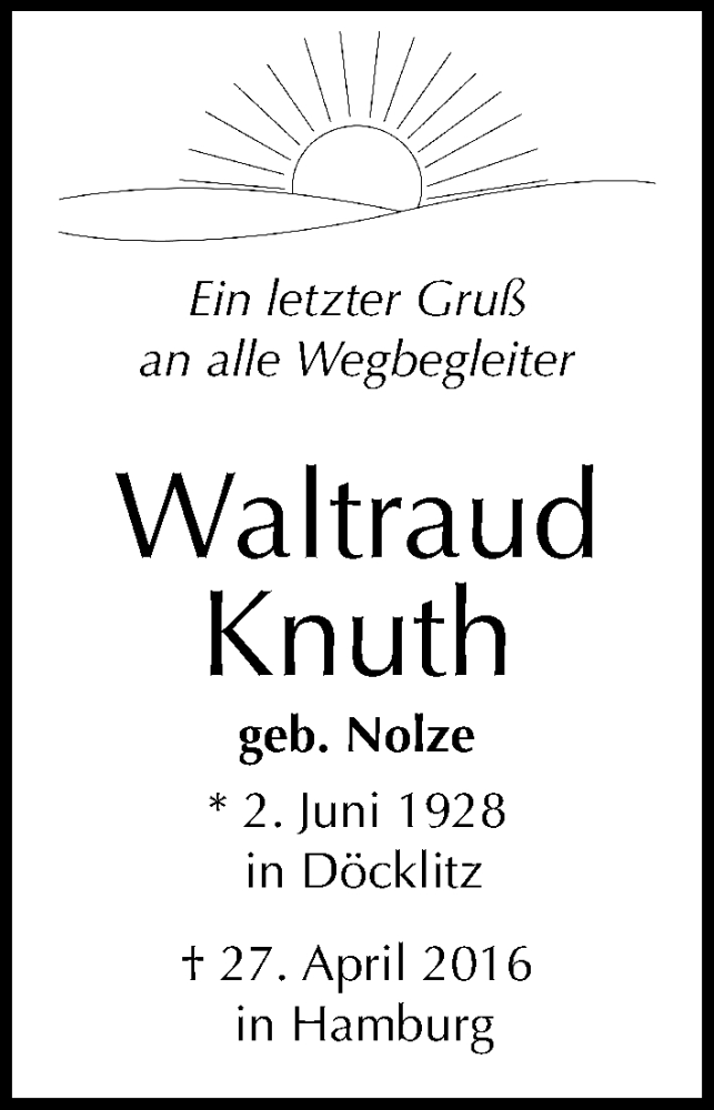  Traueranzeige für Waltraud Knuth vom 14.05.2016 aus Mitteldeutsche Zeitung Merseburg/Querfurt