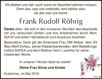 Traueranzeige von Frank Rudolf Röhrig von WVG - Wochenspiegel NMB / WSF / ZTZ