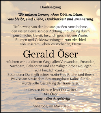 Traueranzeige von Gerald Öser von Super Sonntag SGH Mansf. Land