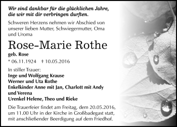 Traueranzeige von Rose-Marie Rothe von Mitteldeutsche Zeitung Köthen