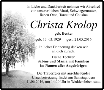 Traueranzeige von Christa Krolop von Mitteldeutsche Zeitung Quedlinburg