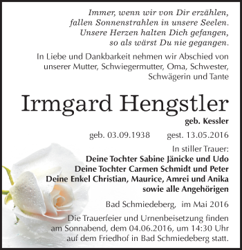 Traueranzeige von Irmgard Hengstler von Mitteldeutsche Zeitung Wittenberg
