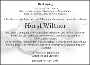 Traueranzeige von Horst Wiltner von WVG - Wochenspiegel Bitterfeld