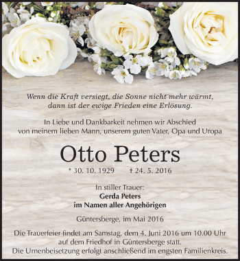 Traueranzeige von Otto Peters von Mitteldeutsche Zeitung Quedlinburg