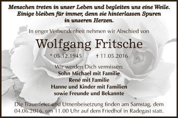 Traueranzeige von Wolfgang Fritsche von WVG - Wochenspiegel Dessau / Köthen