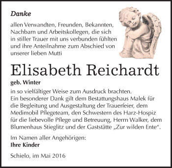 Traueranzeige von Elisabeth Reichardt von Mitteldeutsche Zeitung Quedlinburg