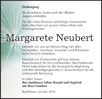 Traueranzeige von Margarete Neubert von Mitteldeutsche Zeitung Naumburg/Nebra