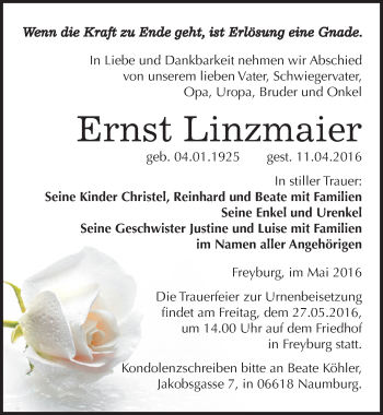 Traueranzeige von Ernst Linzmaier von Mitteldeutsche Zeitung Naumburg/Nebra