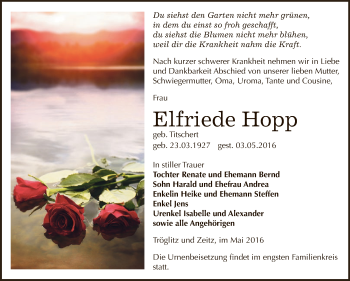 Traueranzeige von Elfriede Hopp von Super Sonntag Zeitz