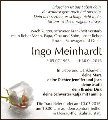 Traueranzeige von Ingo Meinhardt von WVG - Wochenspiegel Dessau / Köthen