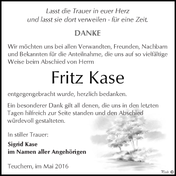 Traueranzeige von Fritz Kase von WVG - Wochenspiegel NMB / WSF / ZTZ