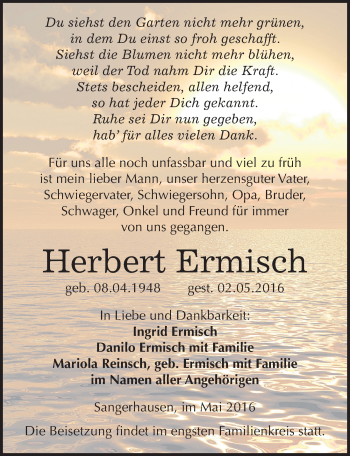 Traueranzeige von Herbert Ermisch von Mitteldeutsche Zeitung Sangerhausen