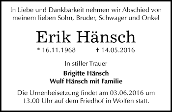 Traueranzeige von Erik Hänsch von Mitteldeutsche Zeitung Bitterfeld