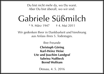 Traueranzeige von Gabriele Süßmilch von Mitteldeutsche Zeitung Dessau-Roßlau