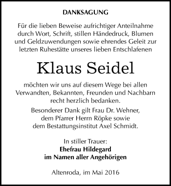 Traueranzeige von Klaus Seidel von Mitteldeutsche Zeitung Naumburg/Nebra