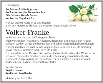 Traueranzeige von Volker Franke von Super Sonntag SGH Mansf. Land