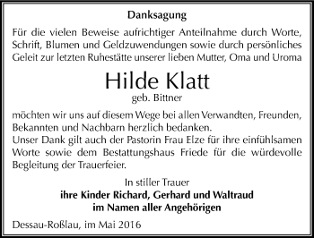 Traueranzeige von Hilde Klatt von Mitteldeutsche Zeitung Dessau-Roßlau