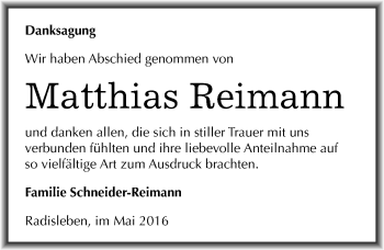Traueranzeige von Matthias Reimann von Mitteldeutsche Zeitung Quedlinburg