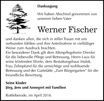 Traueranzeige von Werner Fischer von Mitteldeutsche Zeitung Sangerhausen