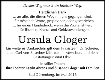 Traueranzeige von Ursula Gloger von Mitteldeutsche Zeitung Merseburg/Querfurt