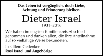 Traueranzeige von Dieter Israel von Mitteldeutsche Zeitung Bernburg