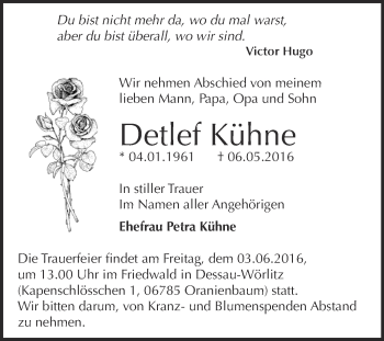 Traueranzeige von Detlef Kühne von WVG - Wochenspiegel Dessau / Köthen