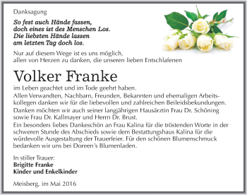 Traueranzeige von Volker Franke von Mitteldeutsche Zeitung Mansfelder Land