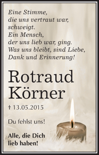 Traueranzeige von Rotraud Körner von Mitteldeutsche Zeitung Köthen