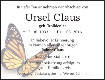 Traueranzeige von Ursel Claus von Mitteldeutsche Zeitung Quedlinburg
