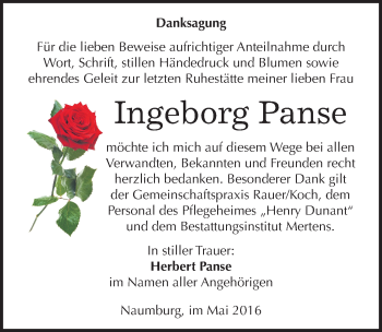 Traueranzeige von Ingeborg Panse von Mitteldeutsche Zeitung Naumburg/Nebra