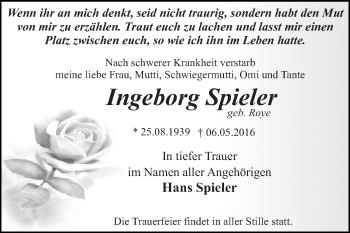 Traueranzeige von Ingeborg Spieler von WVG - Wochenspiegel Dessau / Köthen