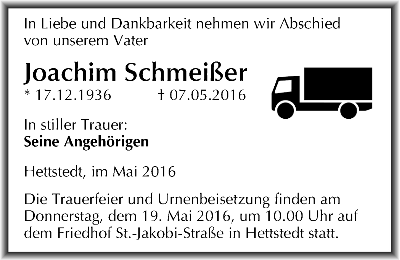  Traueranzeige für Joachim Schmeißer vom 13.05.2016 aus Mitteldeutsche Zeitung Mansfelder Land
