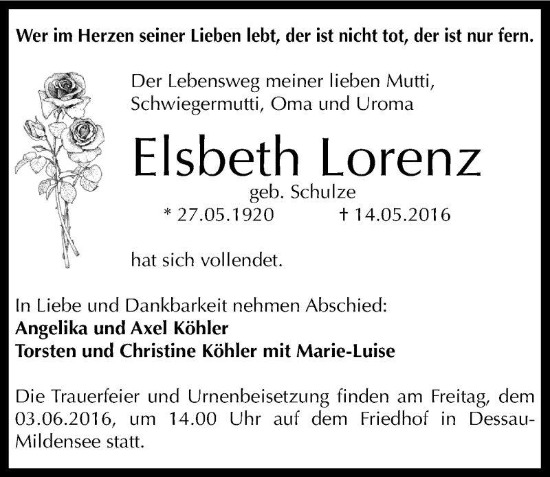 Traueranzeige für Elsbeth Lorenz vom 25.05.2016 aus Mitteldeutsche Zeitung Dessau-Roßlau