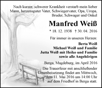 Traueranzeige von Manfred Weiß von Mitteldeutsche Zeitung Sangerhausen