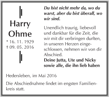 Traueranzeige von Harry Ohme von Wochenspiegel Mansfelder Land