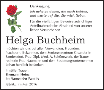 Traueranzeige von Helga Buchheim von Mitteldeutsche Zeitung Bitterfeld