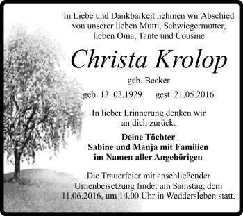 Traueranzeige von Christa Krolop von Super Sonntag Quedlinburg