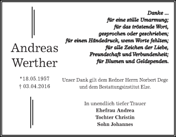 Traueranzeige von Andreas Werther von WVG - Wochenspiegel Dessau / Köthen