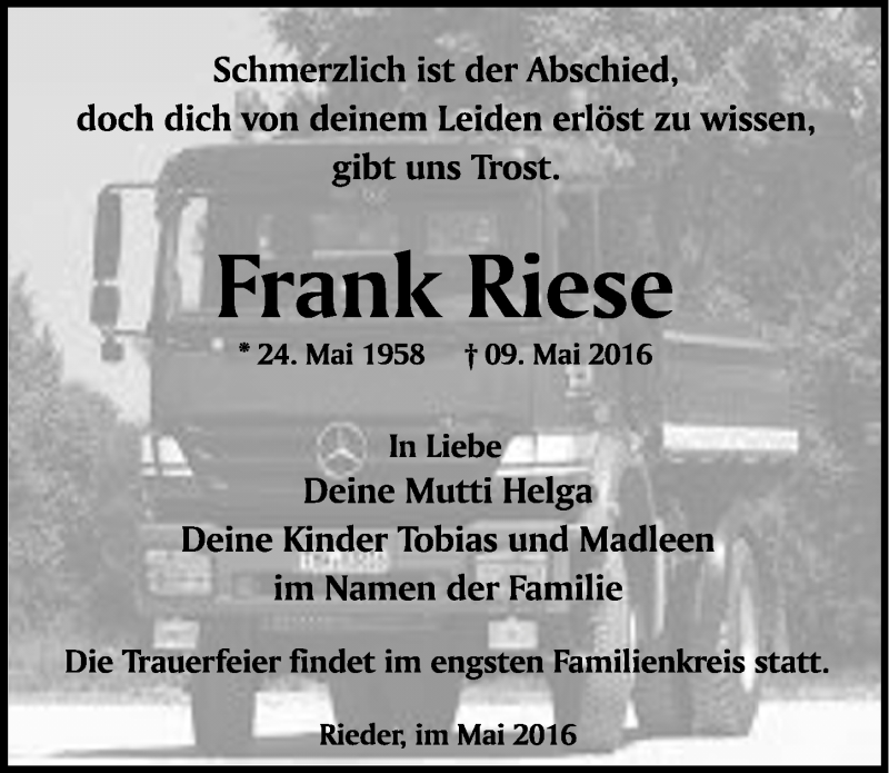 Traueranzeigen von Frank Riese | www.abschied-nehmen.de