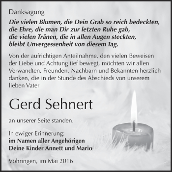 Traueranzeige von Gerd Sehnert von Wochenspiegel Mansfelder Land