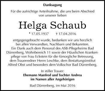Traueranzeige von Helga Schaub von Mitteldeutsche Zeitung Merseburg/Querfurt