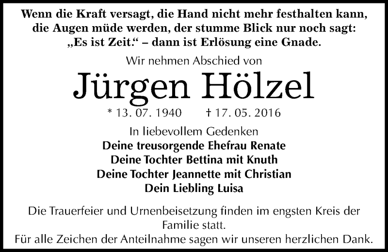  Traueranzeige für Jürgen Hölzel vom 28.05.2016 aus Mitteldeutsche Zeitung Dessau-Roßlau