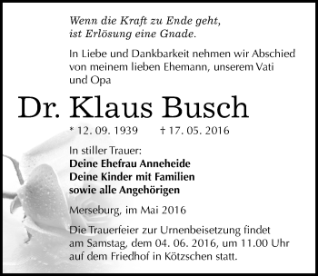 Traueranzeige von Klaus Busch von Mitteldeutsche Zeitung Merseburg/Querfurt