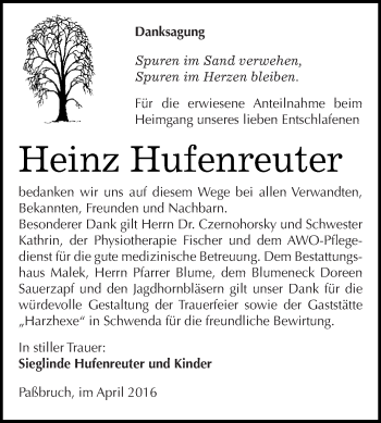 Traueranzeige von Heinz Hufenreuter von Super Sonntag SGH Mansf. Land