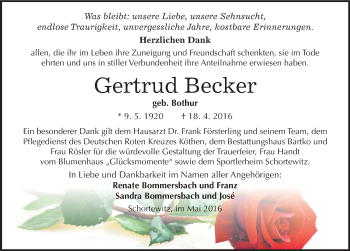 Traueranzeige von Gertrud Becker von Mitteldeutsche Zeitung Köthen