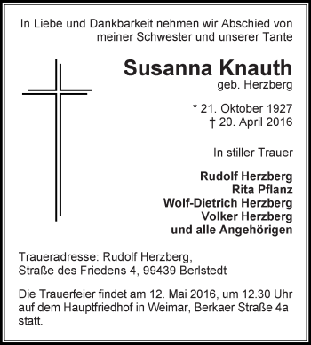 Traueranzeige von Susanna Knauth von WVG - Wochenspiegel NMB / WSF / ZTZ