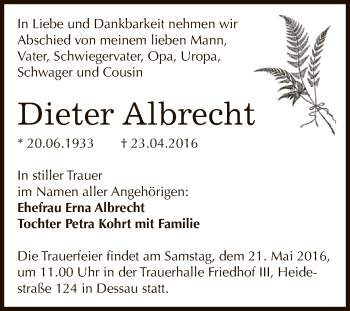 Traueranzeige von Dieter Albrecht von WVG - Wochenspiegel Dessau / Köthen