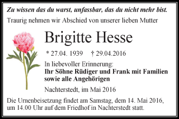Traueranzeige von Brigitte Hesse von Super Sonntag Aschersleben