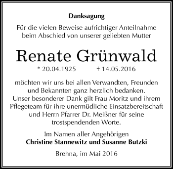 Traueranzeige von Renate Grünwald von Mitteldeutsche Zeitung Bitterfeld